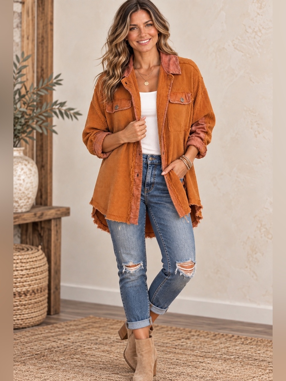 Oli & Hali Rust Waffle Knit Distressed Shacket Jacket NWOT